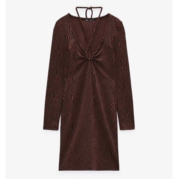 Zara Brown & Black Animal Print Long Sleeve Bodycon Mini Dress Size Small New - Picture 1 of 13